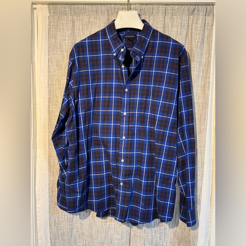 XXL, No iron, Lands' End Men's Casual Blue, White, and Red Plaid Shirt